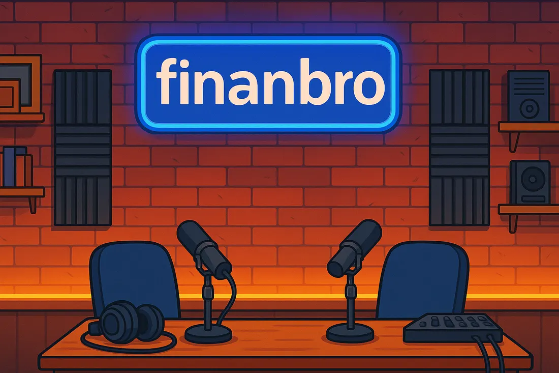 Estudio de podcast de Finanbro con el letrero luminoso y dos micrófonos